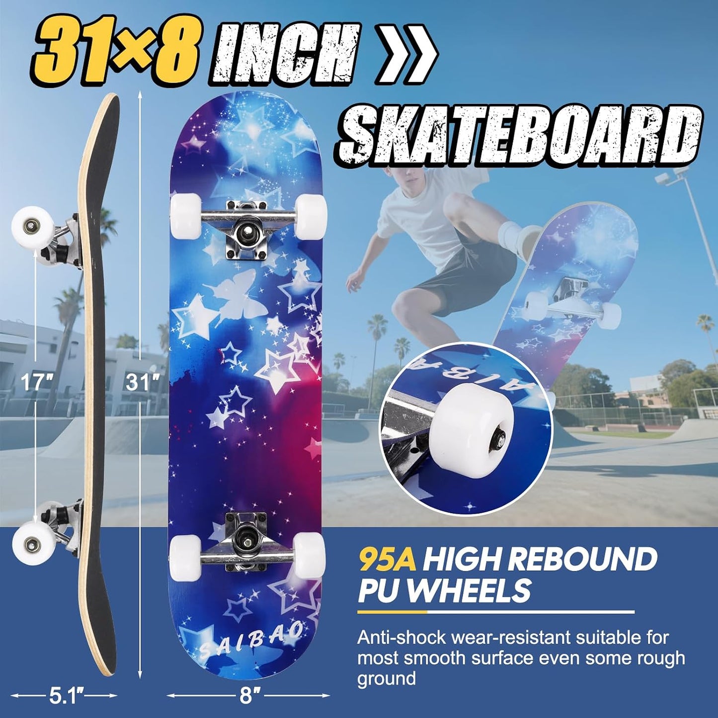 Skateboards for Beginners Adults Youths Teens Kids Girls Boys 31 Inch Pro Complete Skate Boards 7 Layer Canadian Maple Double Kick Concave Longboards