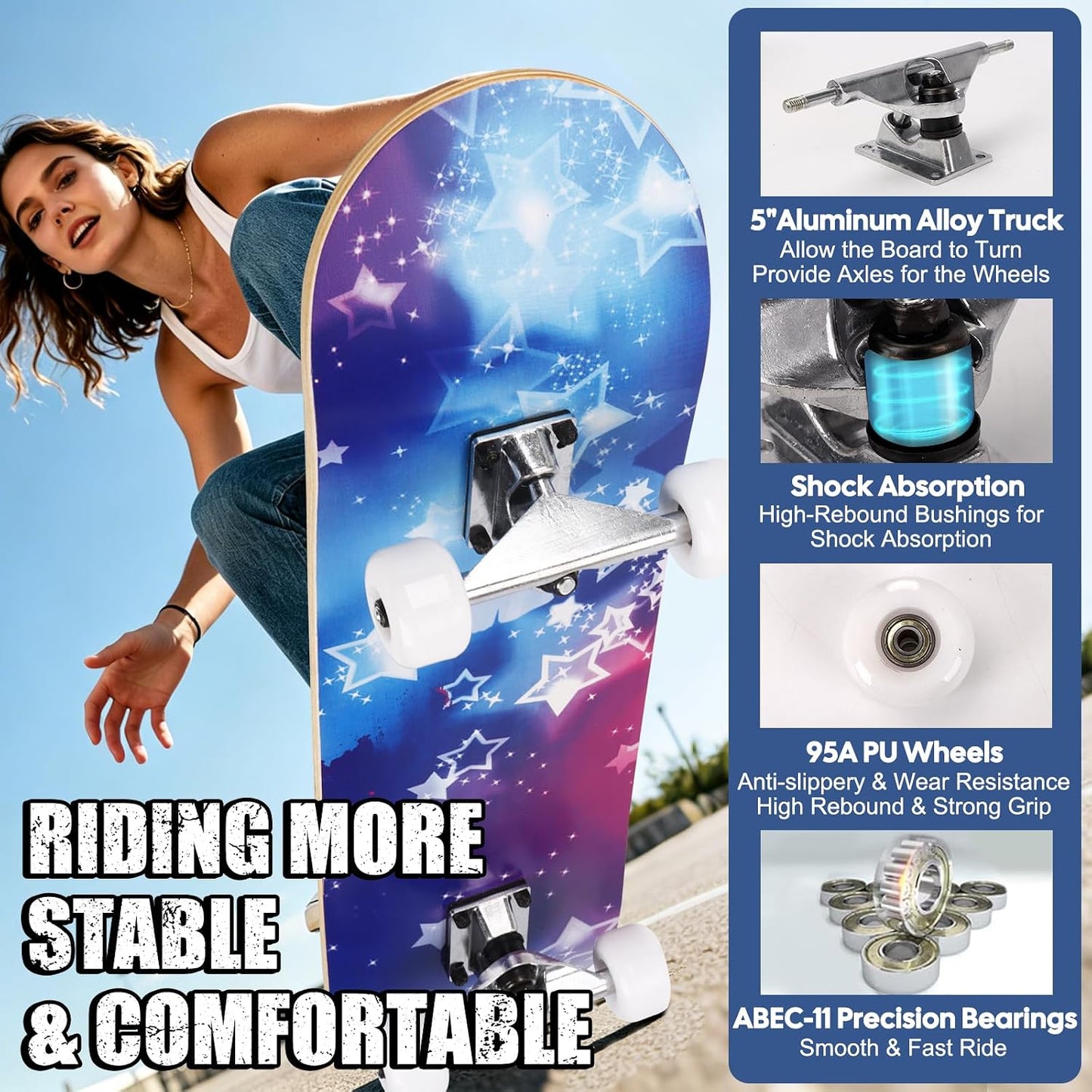 Skateboards for Beginners Adults Youths Teens Kids Girls Boys 31 Inch Pro Complete Skate Boards 7 Layer Canadian Maple Double Kick Concave Longboards