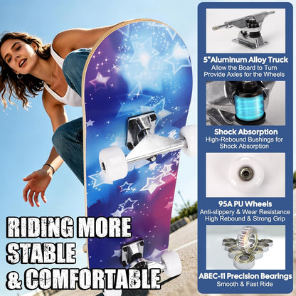 Skateboards for Beginners Adults Youths Teens Kids Girls Boys 31 Inch Pro Complete Skate Boards 7 Layer Canadian Maple Double Kick Concave Longboards
