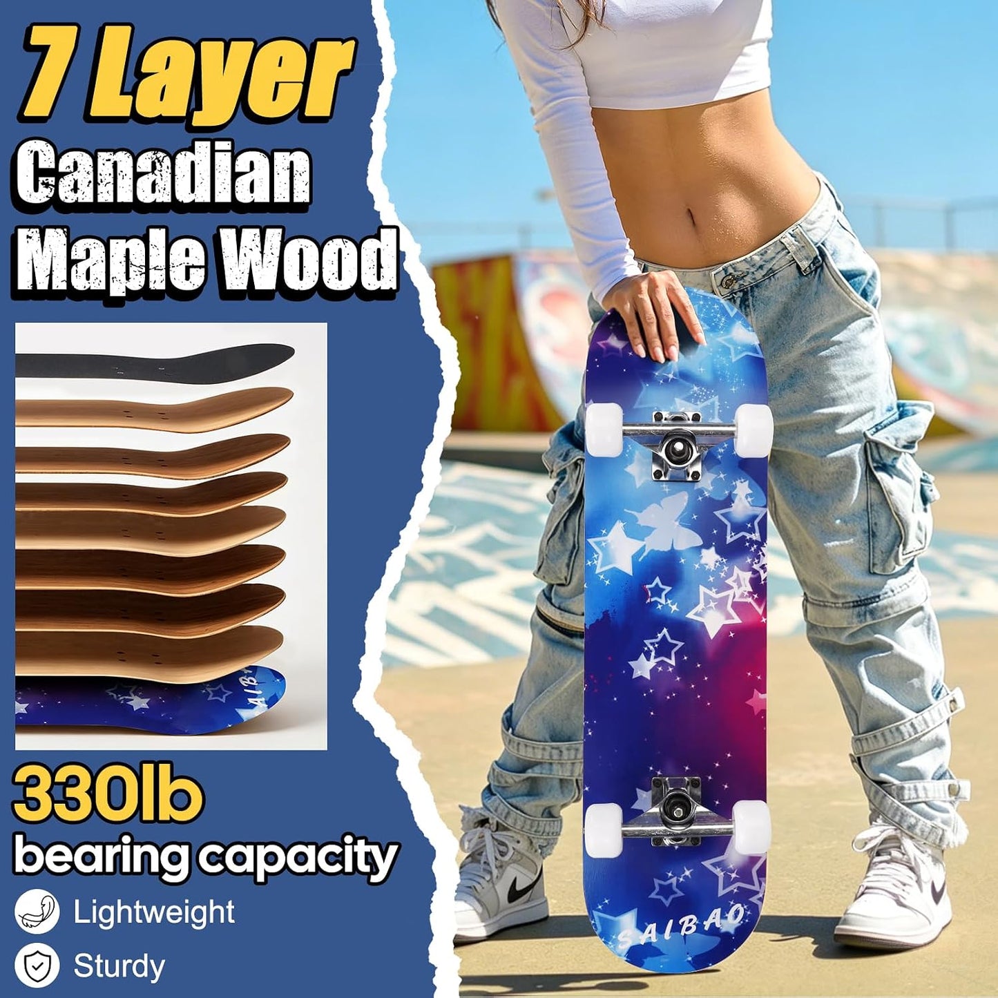 Skateboards for Beginners Adults Youths Teens Kids Girls Boys 31 Inch Pro Complete Skate Boards 7 Layer Canadian Maple Double Kick Concave Longboards