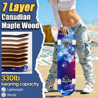 Skateboards for Beginners Adults Youths Teens Kids Girls Boys 31 Inch Pro Complete Skate Boards 7 Layer Canadian Maple Double Kick Concave Longboards