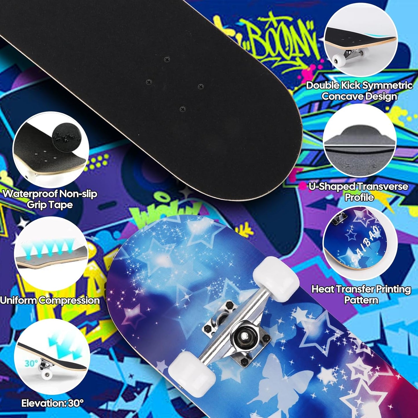 Skateboards for Beginners Adults Youths Teens Kids Girls Boys 31 Inch Pro Complete Skate Boards 7 Layer Canadian Maple Double Kick Concave Longboards