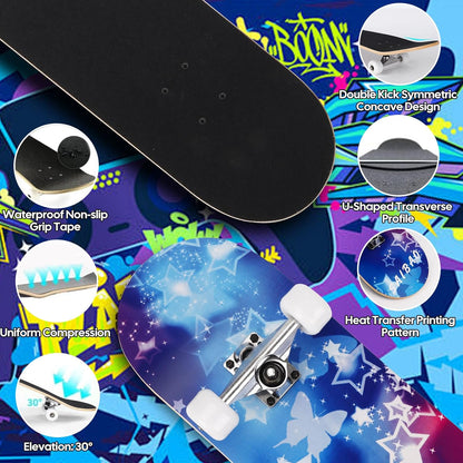 Skateboards for Beginners Adults Youths Teens Kids Girls Boys 31 Inch Pro Complete Skate Boards 7 Layer Canadian Maple Double Kick Concave Longboards