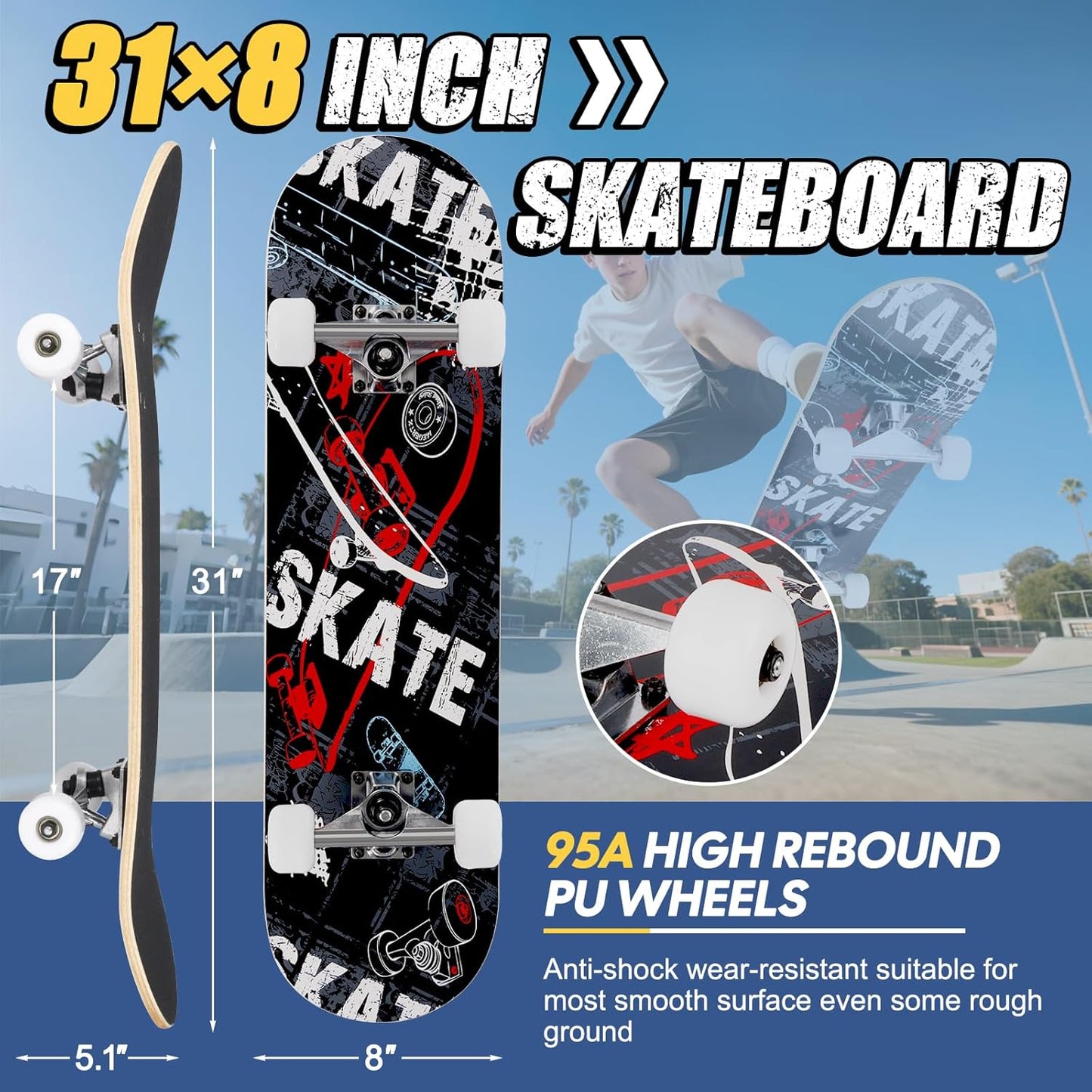 Skateboards for Beginners Adults Youths Teens Kids Girls Boys 31 Inch Pro Complete Skate Boards 7 Layer Canadian Maple Double Kick Concave Longboards