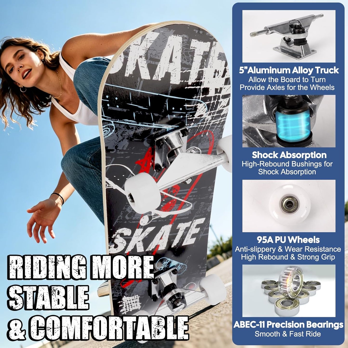 Skateboards for Beginners Adults Youths Teens Kids Girls Boys 31 Inch Pro Complete Skate Boards 7 Layer Canadian Maple Double Kick Concave Longboards