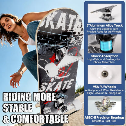 Skateboards for Beginners Adults Youths Teens Kids Girls Boys 31 Inch Pro Complete Skate Boards 7 Layer Canadian Maple Double Kick Concave Longboards
