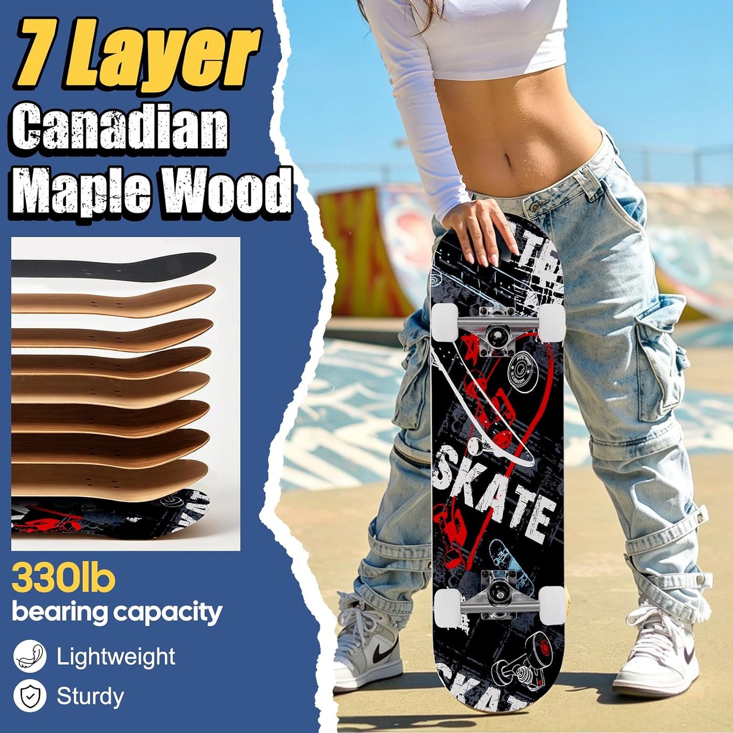 Skateboards for Beginners Adults Youths Teens Kids Girls Boys 31 Inch Pro Complete Skate Boards 7 Layer Canadian Maple Double Kick Concave Longboards