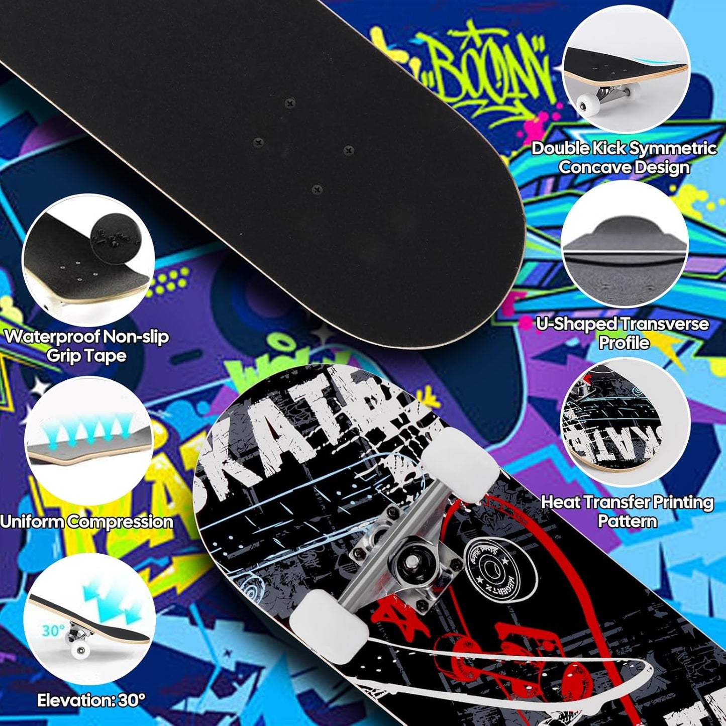 Skateboards for Beginners Adults Youths Teens Kids Girls Boys 31 Inch Pro Complete Skate Boards 7 Layer Canadian Maple Double Kick Concave Longboards