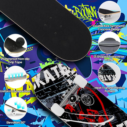 Skateboards for Beginners Adults Youths Teens Kids Girls Boys 31 Inch Pro Complete Skate Boards 7 Layer Canadian Maple Double Kick Concave Longboards