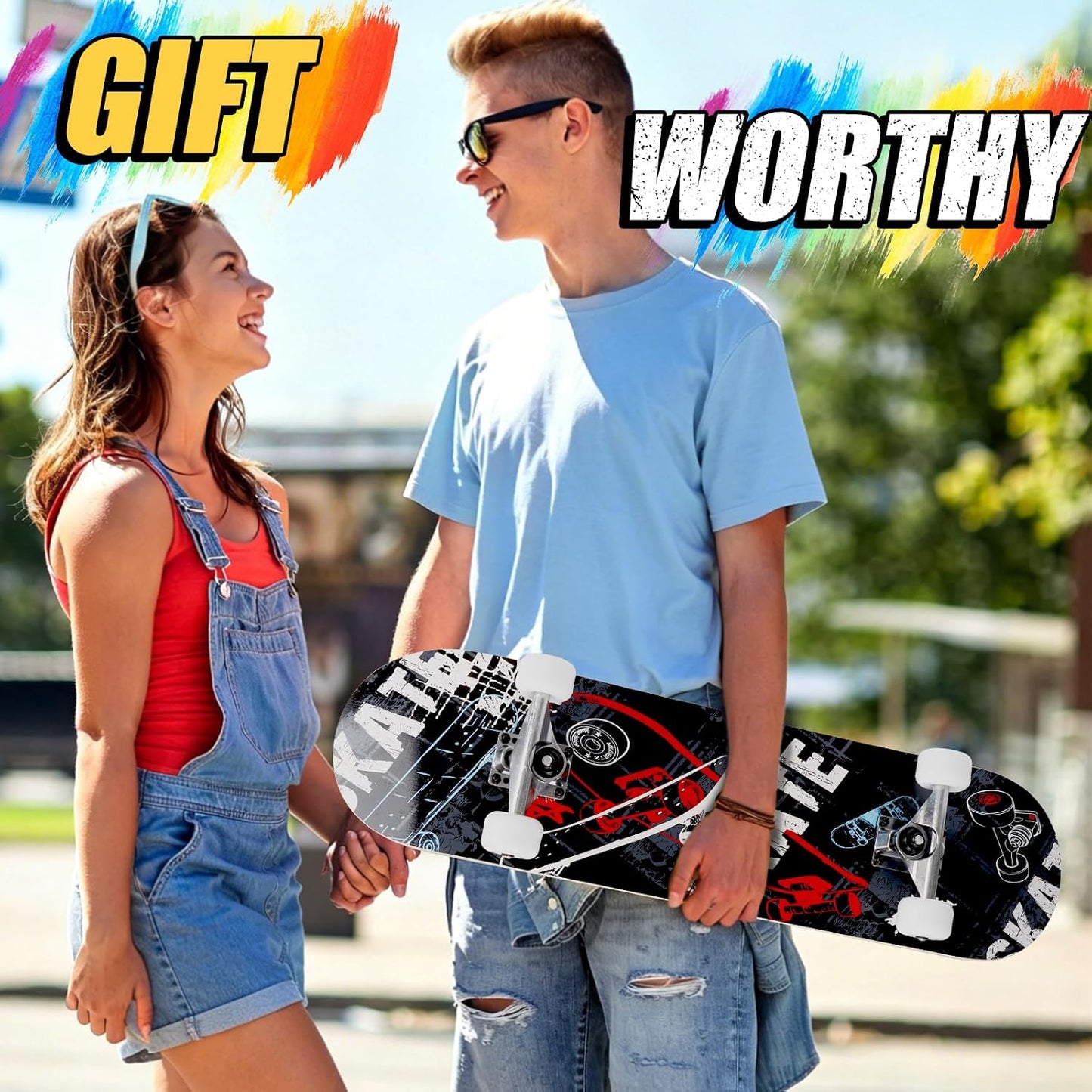 Skateboards for Beginners Adults Youths Teens Kids Girls Boys 31 Inch Pro Complete Skate Boards 7 Layer Canadian Maple Double Kick Concave Longboards