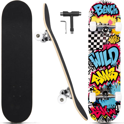 Skateboards for Beginners Adults Youths Teens Kids Girls Boys 31 Inch Pro Complete Skate Boards 7 Layer Canadian Maple Double Kick Concave Longboards