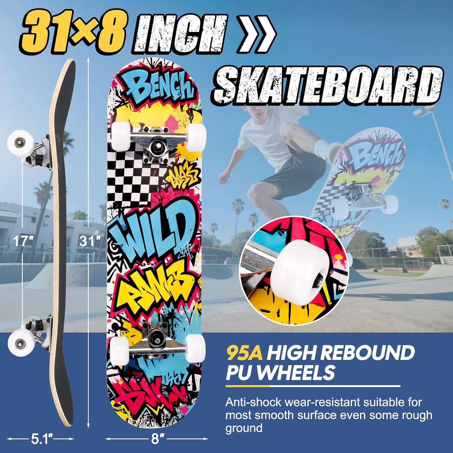 Skateboards for Beginners Adults Youths Teens Kids Girls Boys 31 Inch Pro Complete Skate Boards 7 Layer Canadian Maple Double Kick Concave Longboards