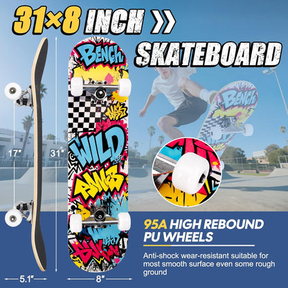 Skateboards for Beginners Adults Youths Teens Kids Girls Boys 31 Inch Pro Complete Skate Boards 7 Layer Canadian Maple Double Kick Concave Longboards