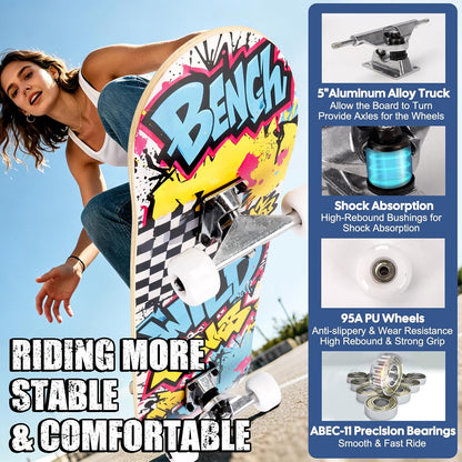 Skateboards for Beginners Adults Youths Teens Kids Girls Boys 31 Inch Pro Complete Skate Boards 7 Layer Canadian Maple Double Kick Concave Longboards