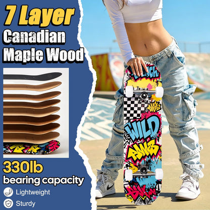 Skateboards for Beginners Adults Youths Teens Kids Girls Boys 31 Inch Pro Complete Skate Boards 7 Layer Canadian Maple Double Kick Concave Longboards