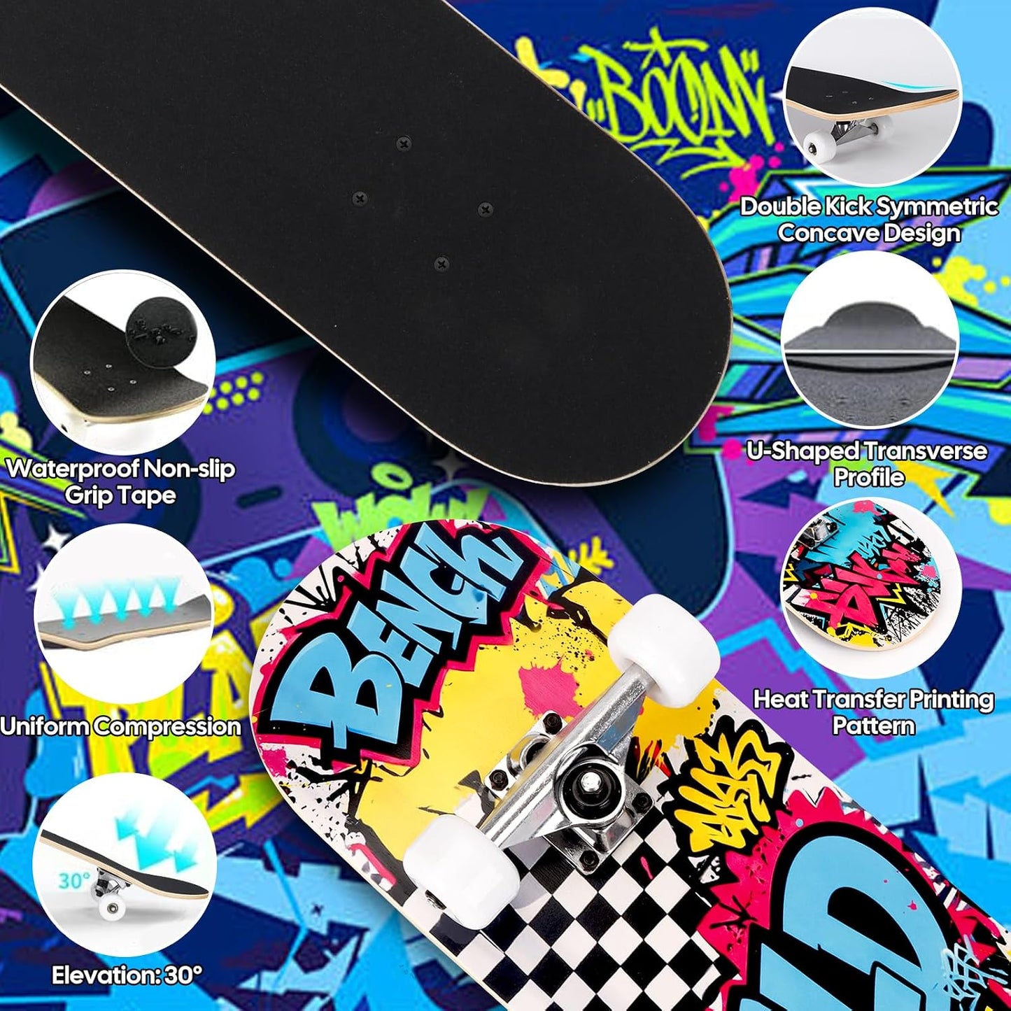 Skateboards for Beginners Adults Youths Teens Kids Girls Boys 31 Inch Pro Complete Skate Boards 7 Layer Canadian Maple Double Kick Concave Longboards