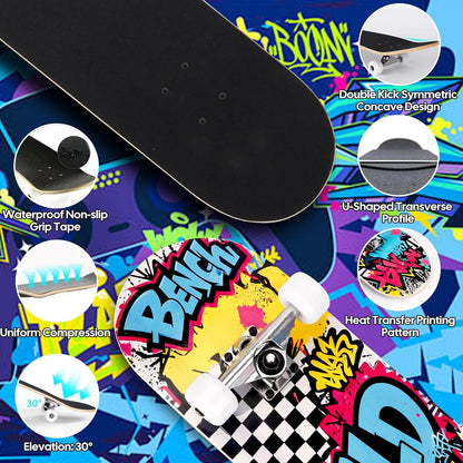 Skateboards for Beginners Adults Youths Teens Kids Girls Boys 31 Inch Pro Complete Skate Boards 7 Layer Canadian Maple Double Kick Concave Longboards