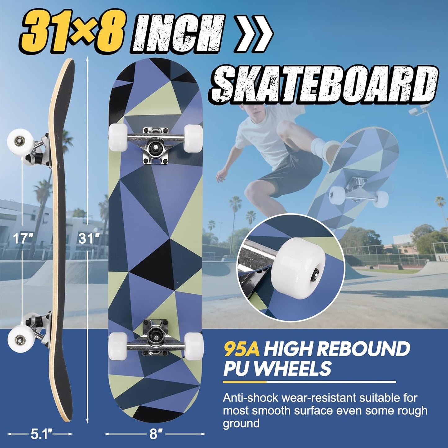 Skateboards for Beginners Adults Youths Teens Kids Girls Boys 31 Inch Pro Complete Skate Boards 7 Layer Canadian Maple Double Kick Concave Longboards