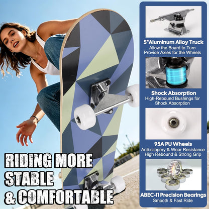 Skateboards for Beginners Adults Youths Teens Kids Girls Boys 31 Inch Pro Complete Skate Boards 7 Layer Canadian Maple Double Kick Concave Longboards