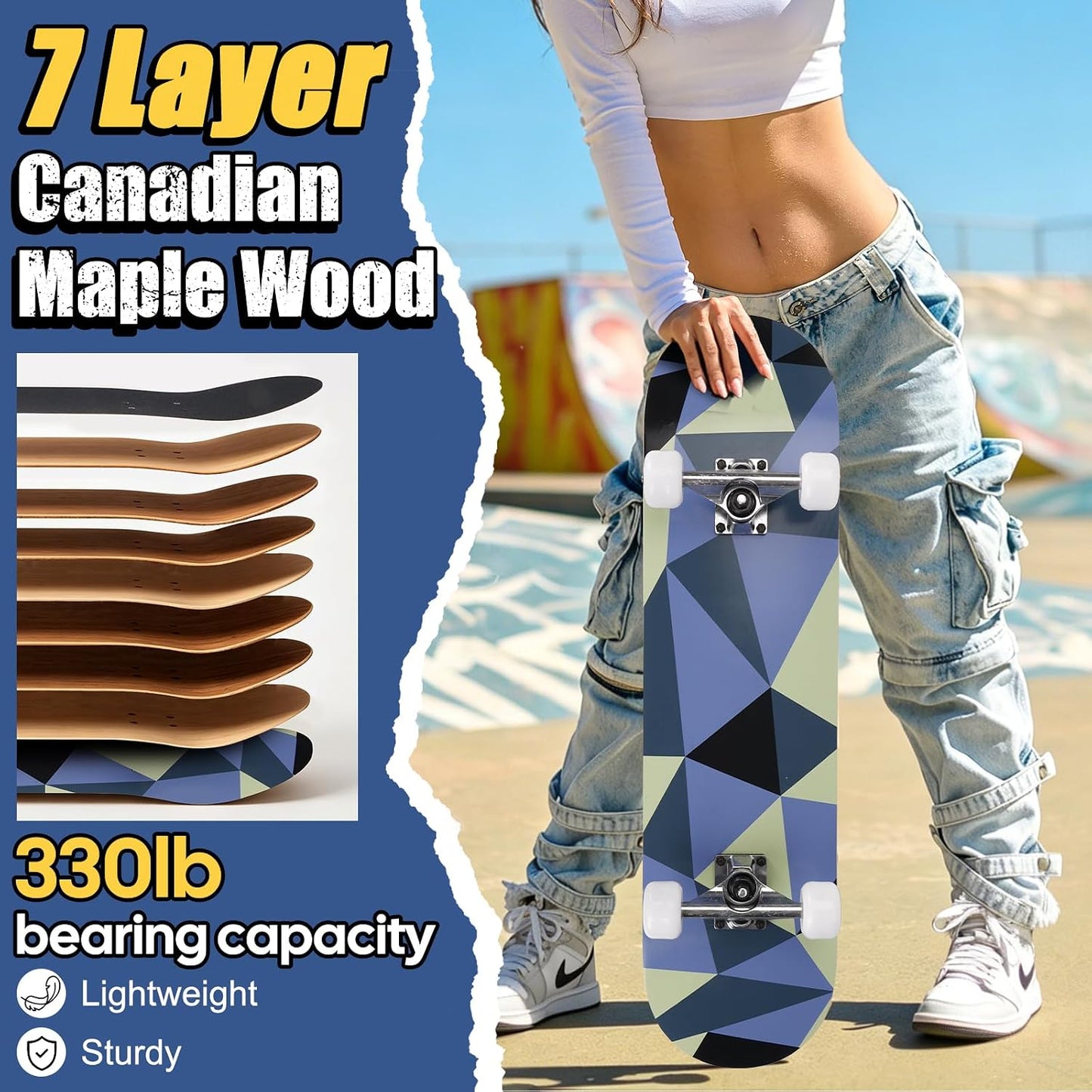 Skateboards for Beginners Adults Youths Teens Kids Girls Boys 31 Inch Pro Complete Skate Boards 7 Layer Canadian Maple Double Kick Concave Longboards