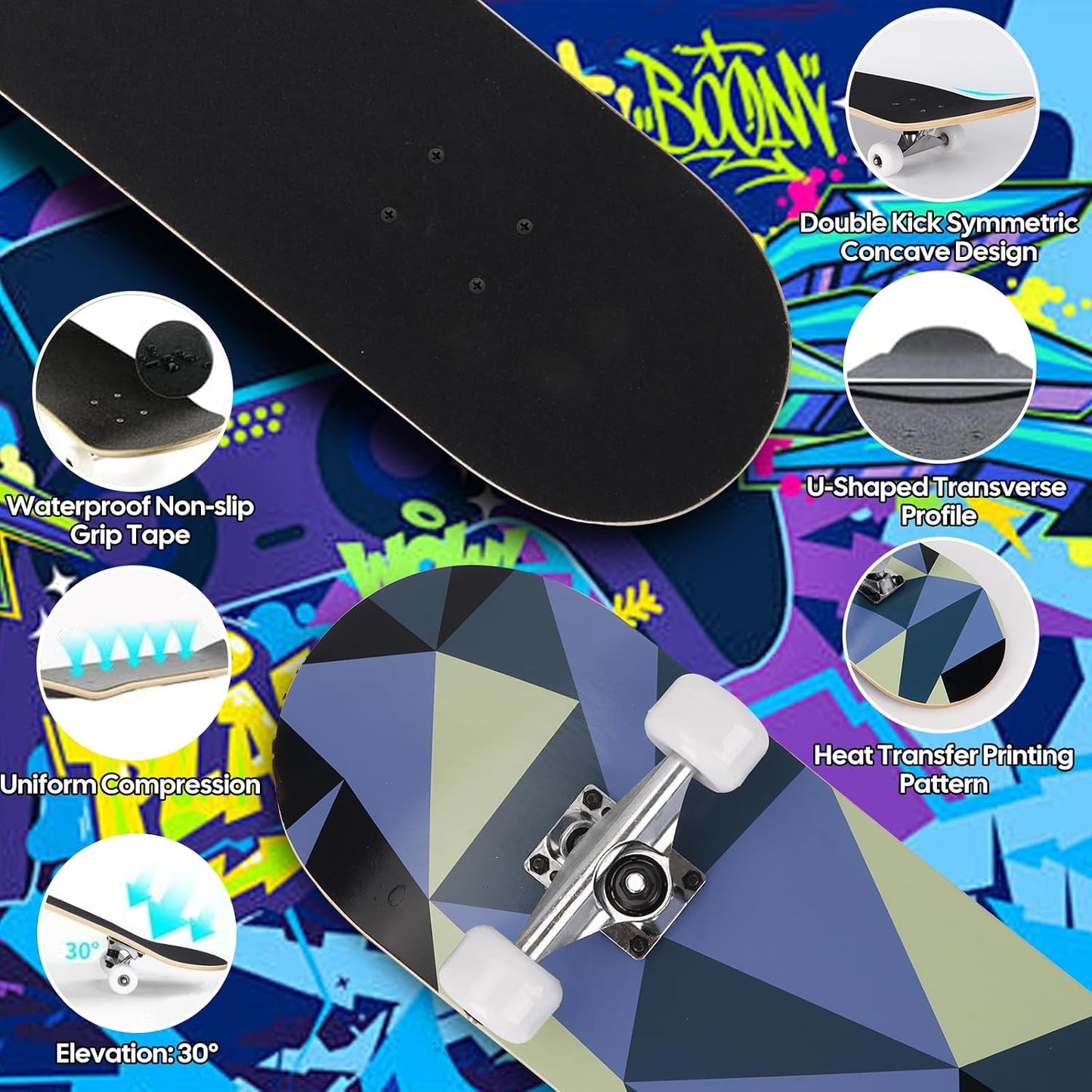 Skateboards for Beginners Adults Youths Teens Kids Girls Boys 31 Inch Pro Complete Skate Boards 7 Layer Canadian Maple Double Kick Concave Longboards