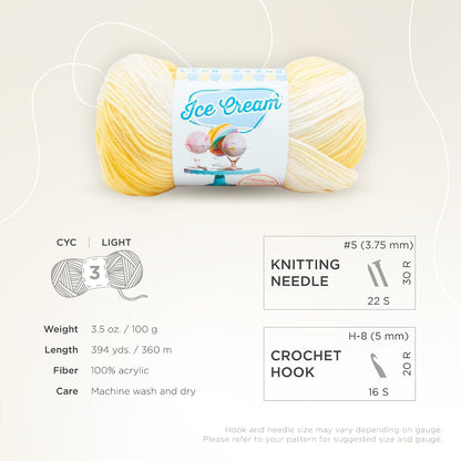 (1 Skein) Ice Cream Baby Yarn, Lemon Meringue Multicolor, 1182 Foot (Pack of 1) | DK Weight 100% Acrylic Knit & Crochet Fiber for Machine Washable Baby Blankets, Variegated Sweaters, Colorful Hats
