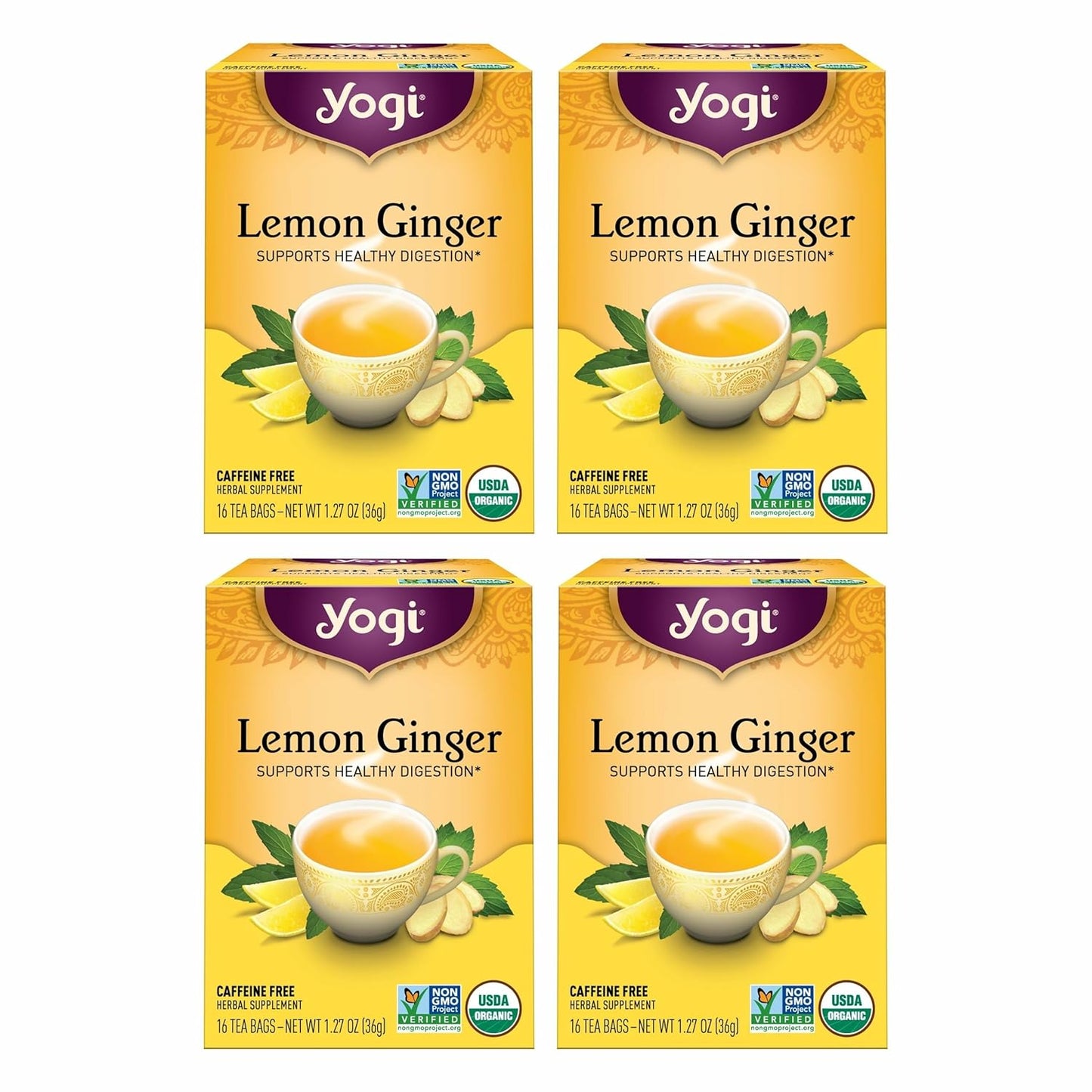 Tea Lemon Ginger - 16 Bags per Pack (4 Packs) - Organic Ginger Root Tea to Support Healthy Digestion - Includes Lemongrass, Lemon Flavor, Licorice Root, Lemon Peel & More