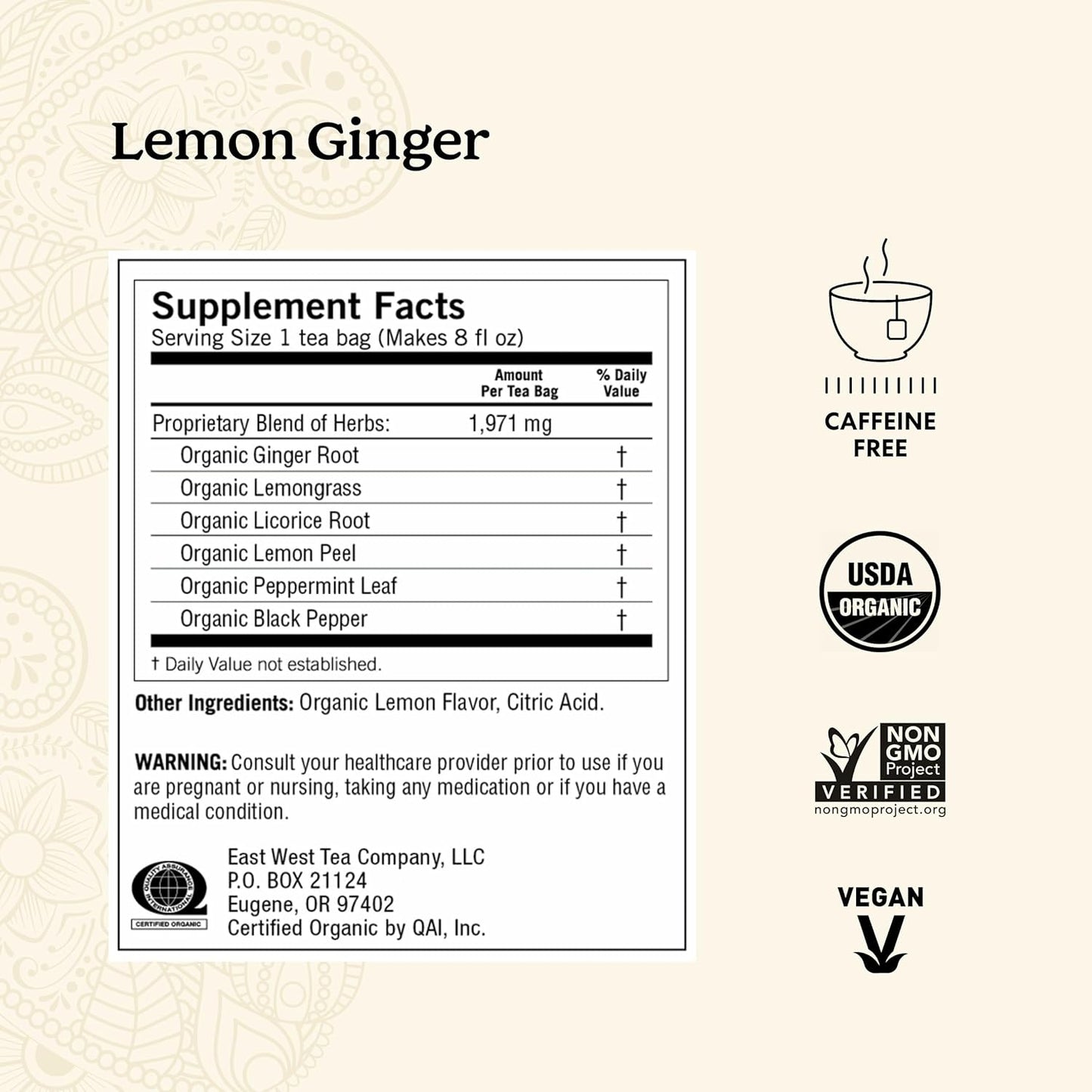 Tea Lemon Ginger - 16 Bags per Pack (4 Packs) - Organic Ginger Root Tea to Support Healthy Digestion - Includes Lemongrass, Lemon Flavor, Licorice Root, Lemon Peel & More
