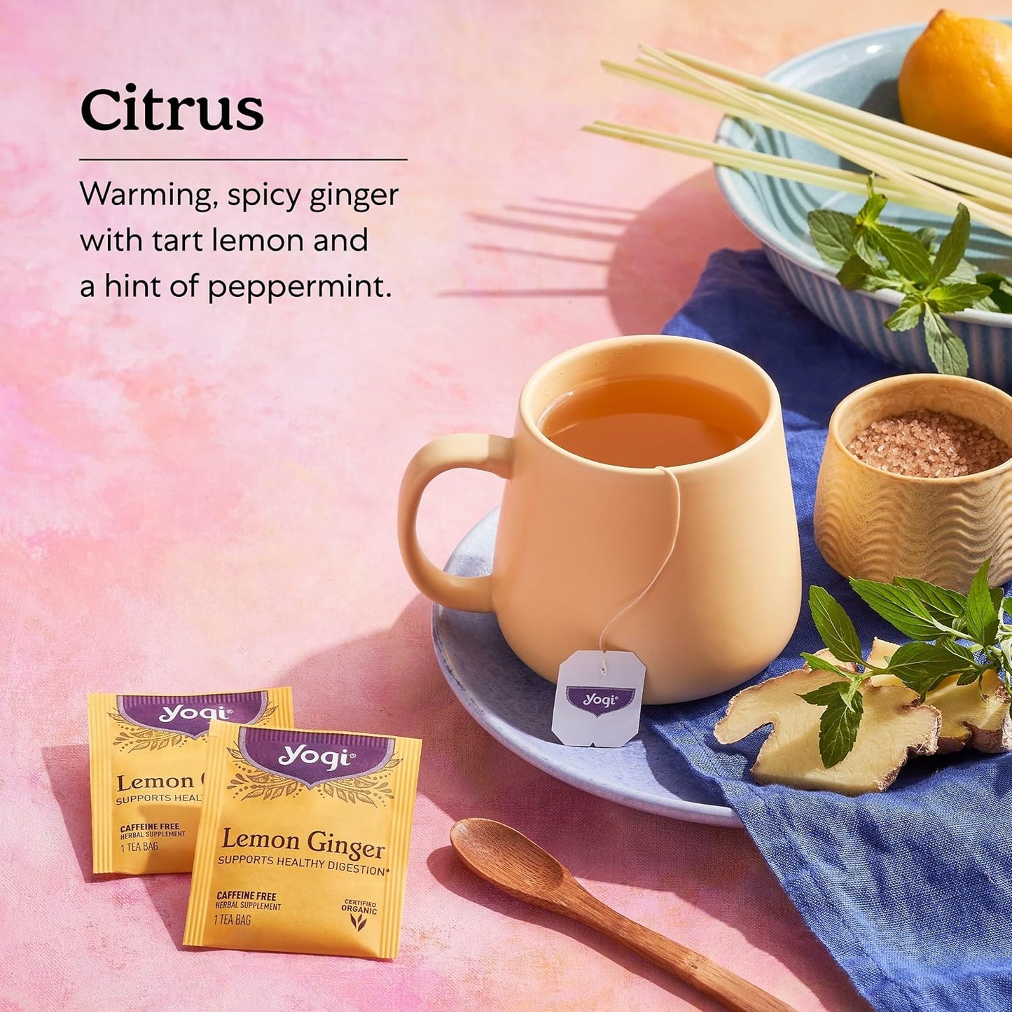 Tea Lemon Ginger - 16 Bags per Pack (4 Packs) - Organic Ginger Root Tea to Support Healthy Digestion - Includes Lemongrass, Lemon Flavor, Licorice Root, Lemon Peel & More
