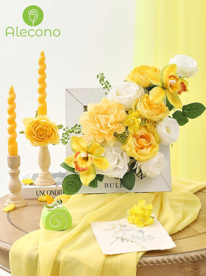 Alecono Yellow Artificial Flowers, Silk Fake Roses Floral Set | for DIY Wedding Bridal Bouquets, Cake Decor, Table Centerpiece, Baby Shower & Home Party Decorations