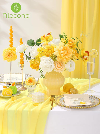 Alecono Yellow Artificial Flowers, Silk Fake Roses Floral Set | for DIY Wedding Bridal Bouquets, Cake Decor, Table Centerpiece, Baby Shower & Home Party Decorations