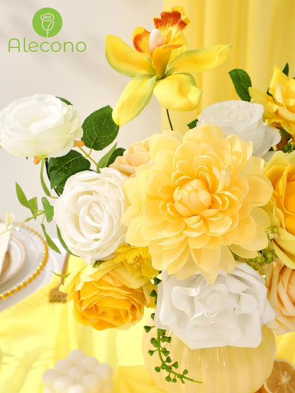 Alecono Yellow Artificial Flowers, Silk Fake Roses Floral Set | for DIY Wedding Bridal Bouquets, Cake Decor, Table Centerpiece, Baby Shower & Home Party Decorations