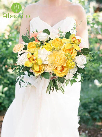Alecono Yellow Artificial Flowers, Silk Fake Roses Floral Set | for DIY Wedding Bridal Bouquets, Cake Decor, Table Centerpiece, Baby Shower & Home Party Decorations