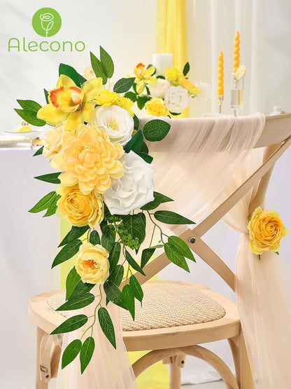 Alecono Yellow Artificial Flowers, Silk Fake Roses Floral Set | for DIY Wedding Bridal Bouquets, Cake Decor, Table Centerpiece, Baby Shower & Home Party Decorations