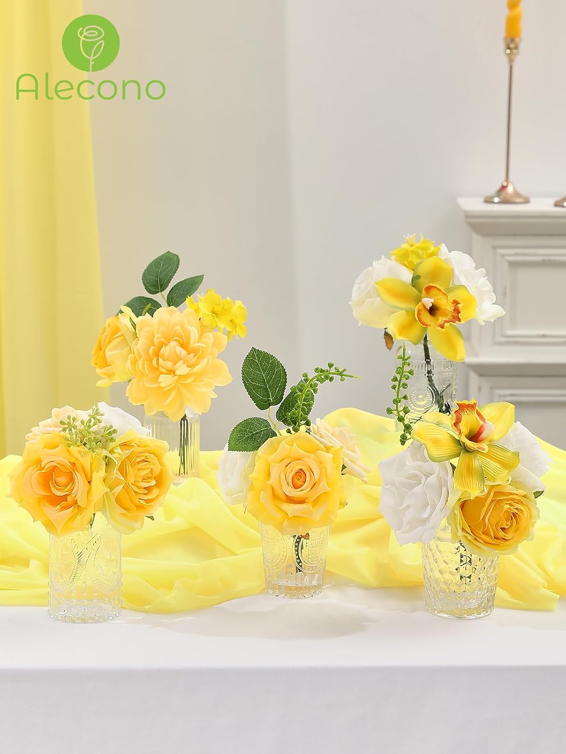 Alecono Yellow Artificial Flowers, Silk Fake Roses Floral Set | for DIY Wedding Bridal Bouquets, Cake Decor, Table Centerpiece, Baby Shower & Home Party Decorations