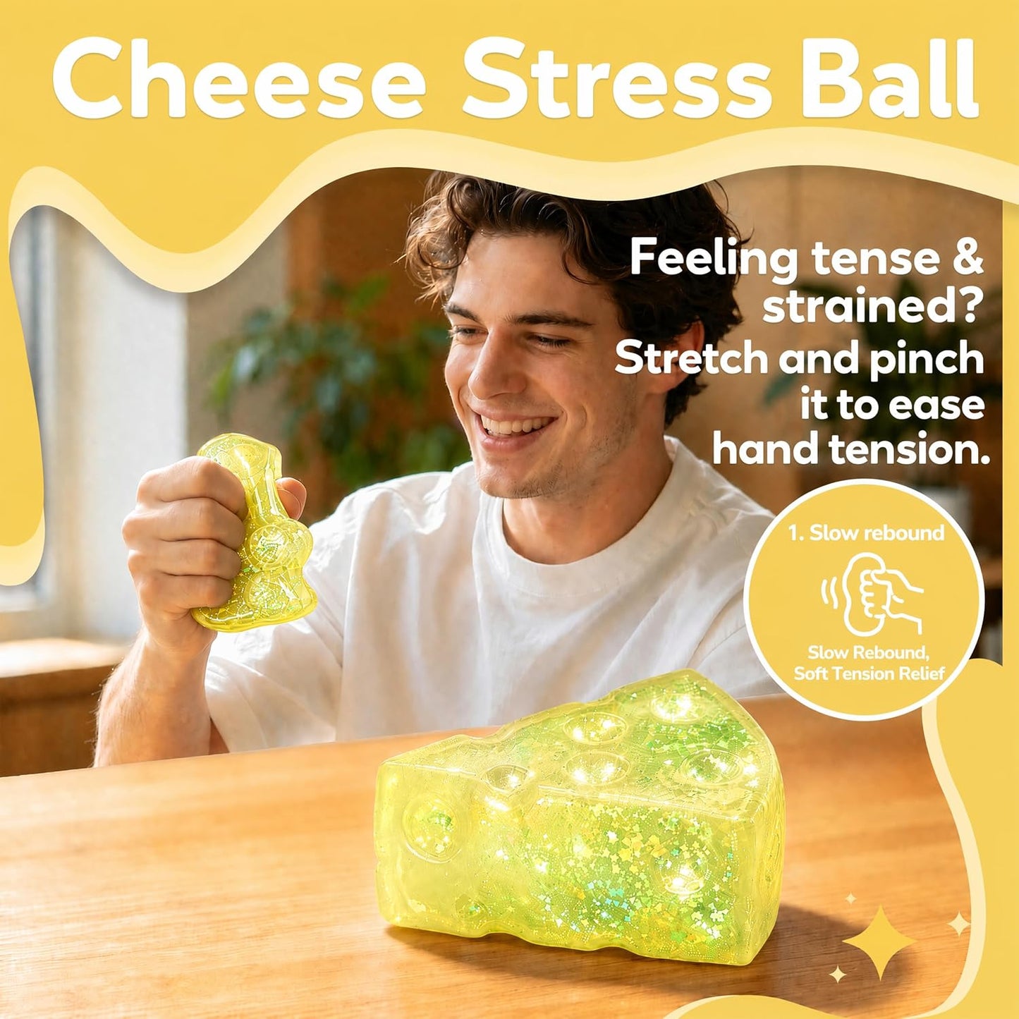 1Pcs Cheese Sugar Squishy Stress Ball, Yellow Cheese Stress Ball for Adults | Sensory Slow Rising Food Squishies Stress Ball Cheese Squishy for Party Favors Easter Basket Stuffers