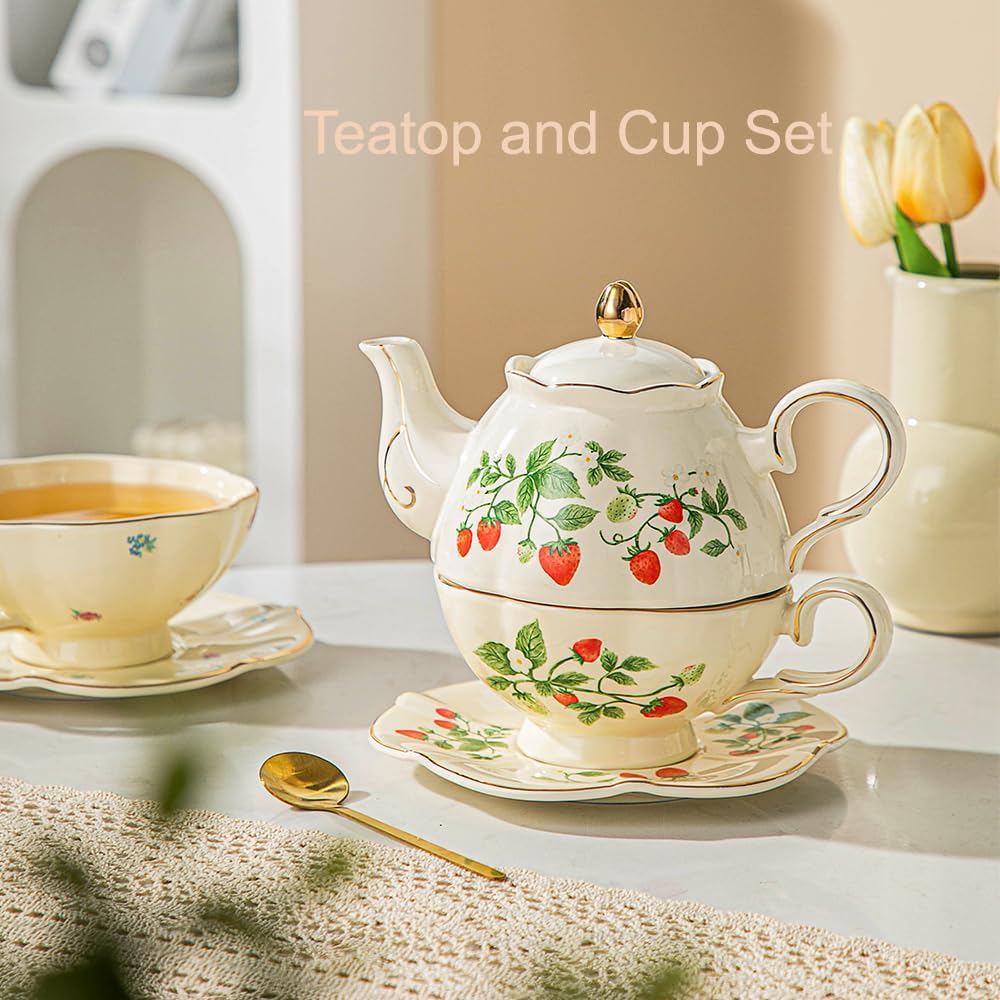 Domini Teapot cup combo,Teapot and Teacup for One,Tea Cup and Saucer Set-Tea Pot Set Gift for Women(Lemon)