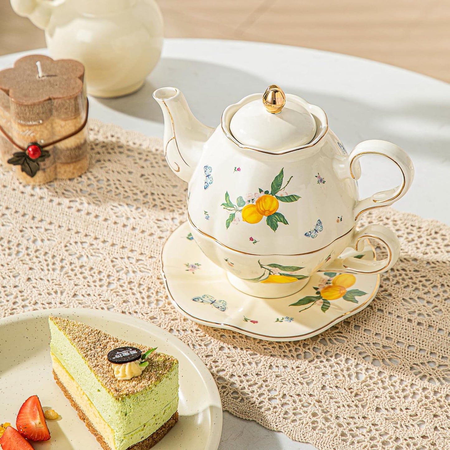 Domini Teapot cup combo,Teapot and Teacup for One,Tea Cup and Saucer Set-Tea Pot Set Gift for Women(Lemon)
