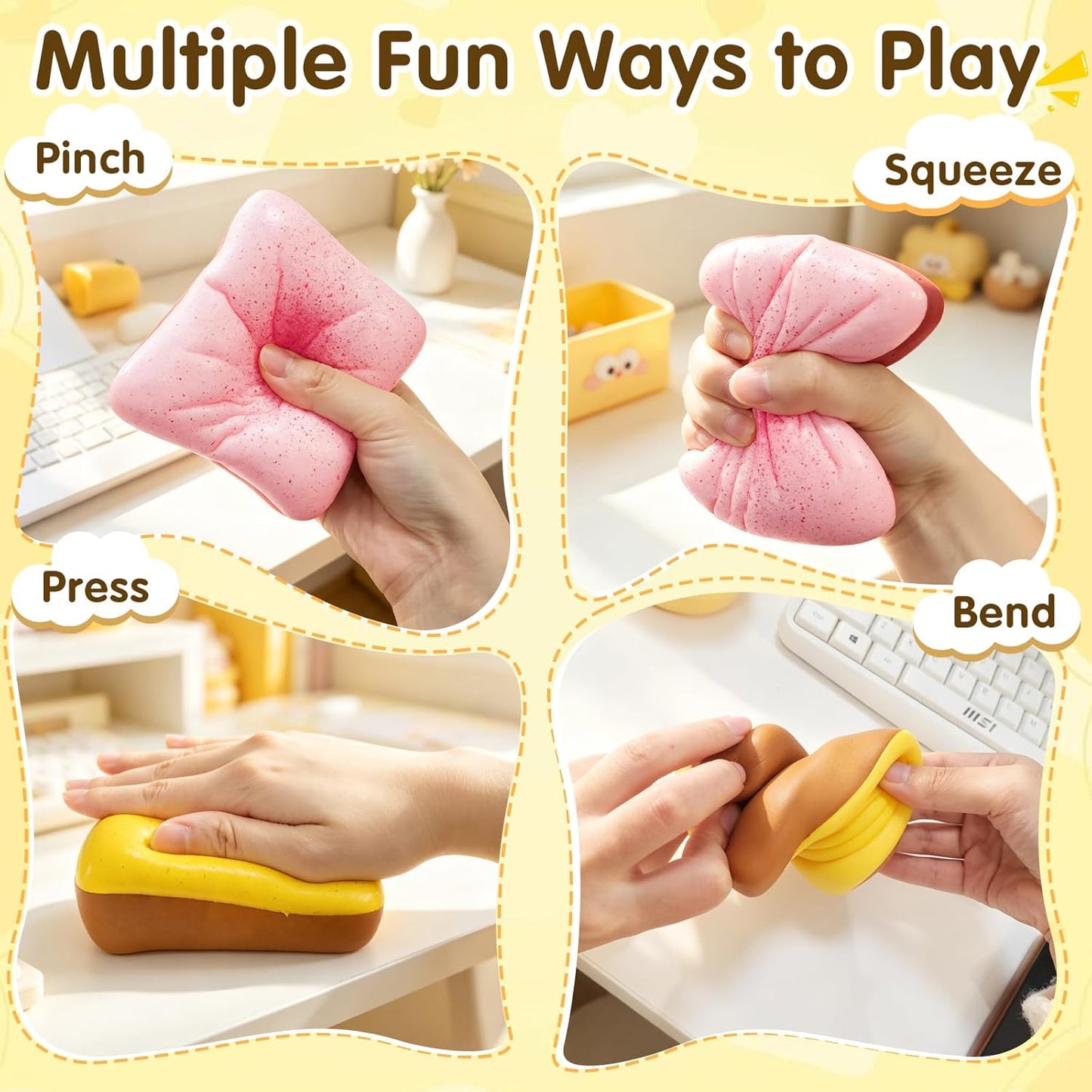 Bread Butter Squishy, Slow Rising Bread,Bread Squishy, Realistic Fidget Squishy Toy with Butter Scent for Stress Relief & Anxiety, Sensory Squeeze Toys for Adults (Pink + Yellow)