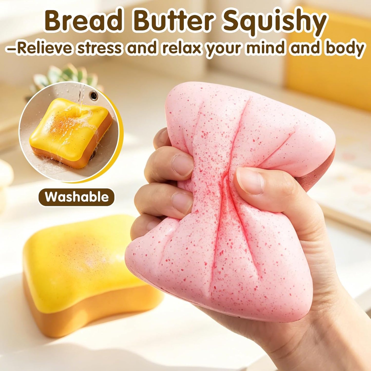 Bread Butter Squishy, Slow Rising Bread,Bread Squishy, Realistic Fidget Squishy Toy with Butter Scent for Stress Relief & Anxiety, Sensory Squeeze Toys for Adults (Pink + Yellow)