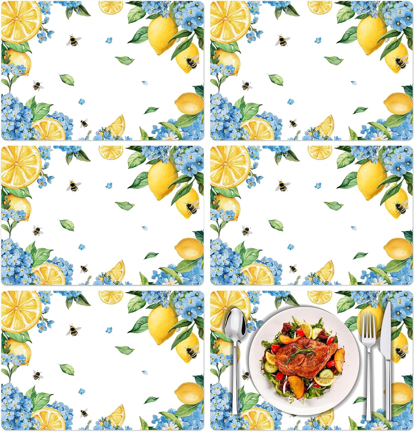 Hydrangea Lemon Placemats Set of 6, 11 x 15.7 Inch Decorative Lemon Floral Vinyl Table Mats for Summer Holiday Wedding Birthday Party Supplies