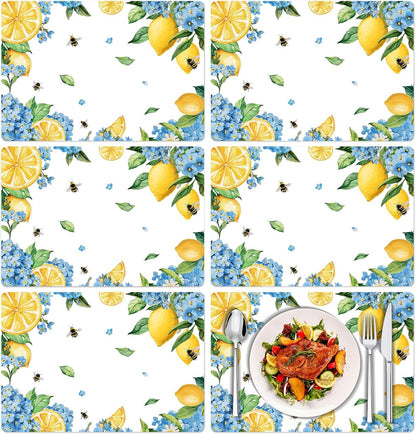 Hydrangea Lemon Placemats Set of 6, 11 x 15.7 Inch Decorative Lemon Floral Vinyl Table Mats for Summer Holiday Wedding Birthday Party Supplies