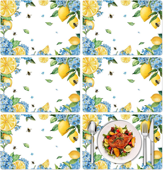 Hydrangea Lemon Placemats Set of 6, 11 x 15.7 Inch Decorative Lemon Floral Vinyl Table Mats for Summer Holiday Wedding Birthday Party Supplies