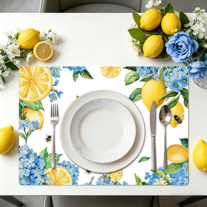 Hydrangea Lemon Placemats Set of 6, 11 x 15.7 Inch Decorative Lemon Floral Vinyl Table Mats for Summer Holiday Wedding Birthday Party Supplies
