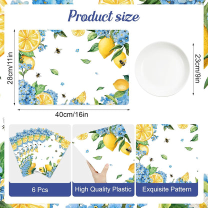 Hydrangea Lemon Placemats Set of 6, 11 x 15.7 Inch Decorative Lemon Floral Vinyl Table Mats for Summer Holiday Wedding Birthday Party Supplies