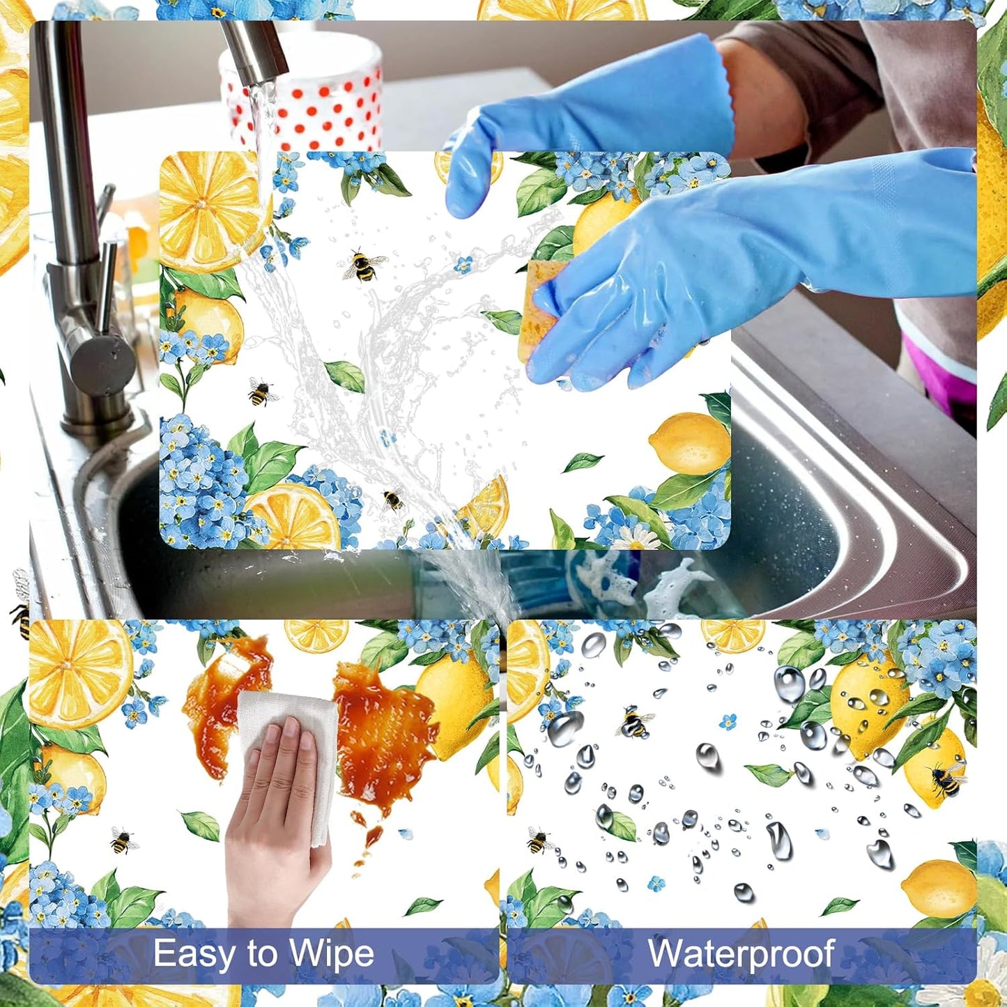 Hydrangea Lemon Placemats Set of 6, 11 x 15.7 Inch Decorative Lemon Floral Vinyl Table Mats for Summer Holiday Wedding Birthday Party Supplies