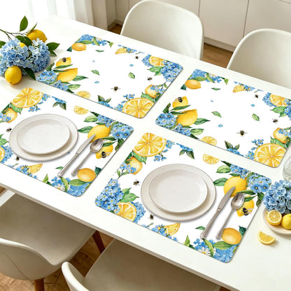 Hydrangea Lemon Placemats Set of 6, 11 x 15.7 Inch Decorative Lemon Floral Vinyl Table Mats for Summer Holiday Wedding Birthday Party Supplies