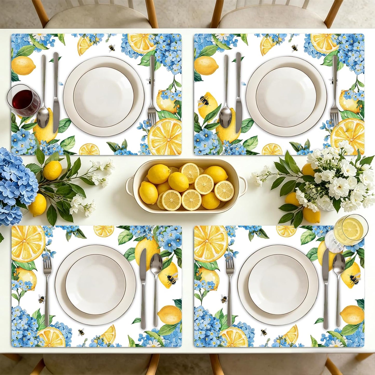 Hydrangea Lemon Placemats Set of 6, 11 x 15.7 Inch Decorative Lemon Floral Vinyl Table Mats for Summer Holiday Wedding Birthday Party Supplies