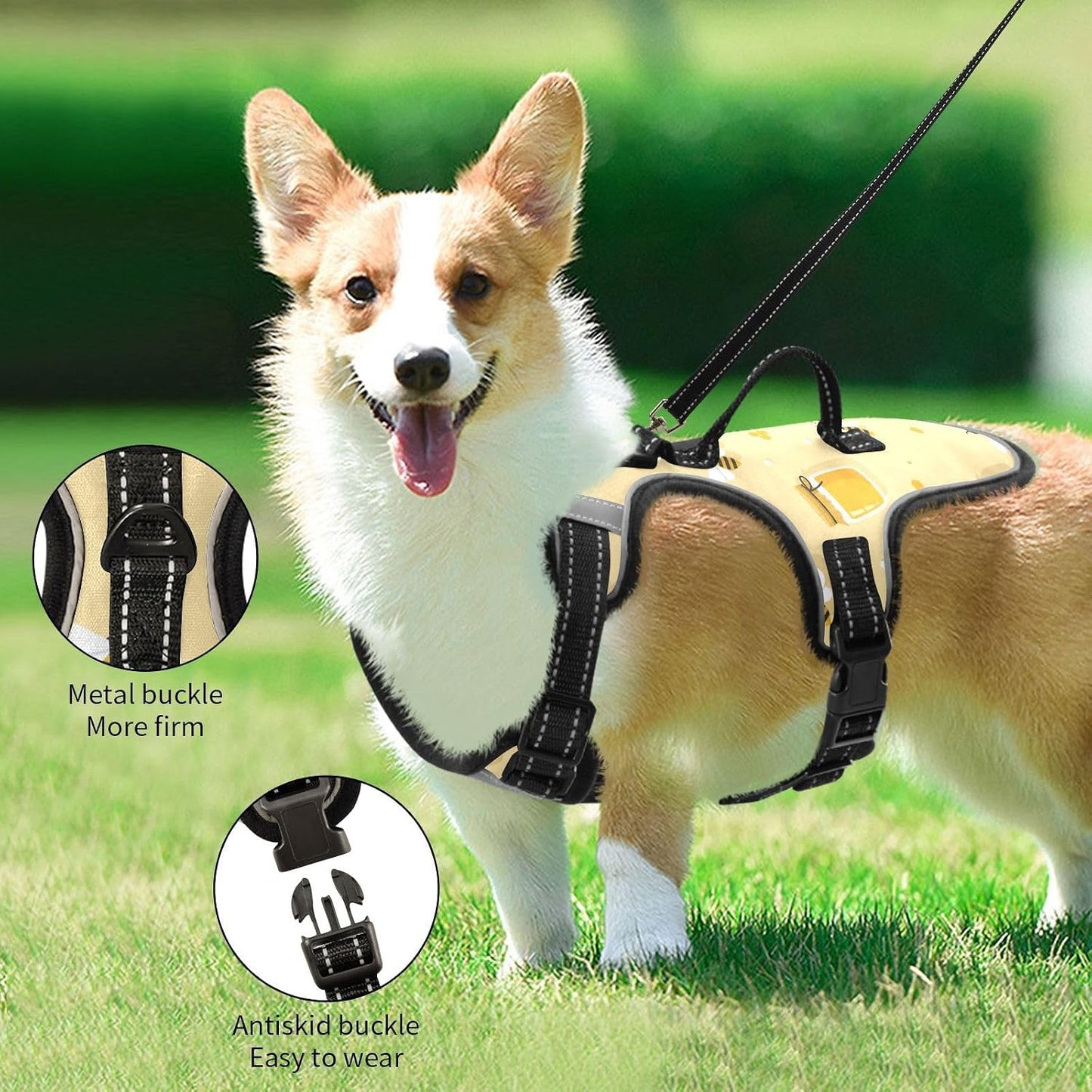 Honeycomb Bees Yellow Print Dog Harness No Pull, Reflective Pet Vest with Top Handle and Metal D-Rin, Adjustable Halter Breathable Mesh for Daily Walking and Training