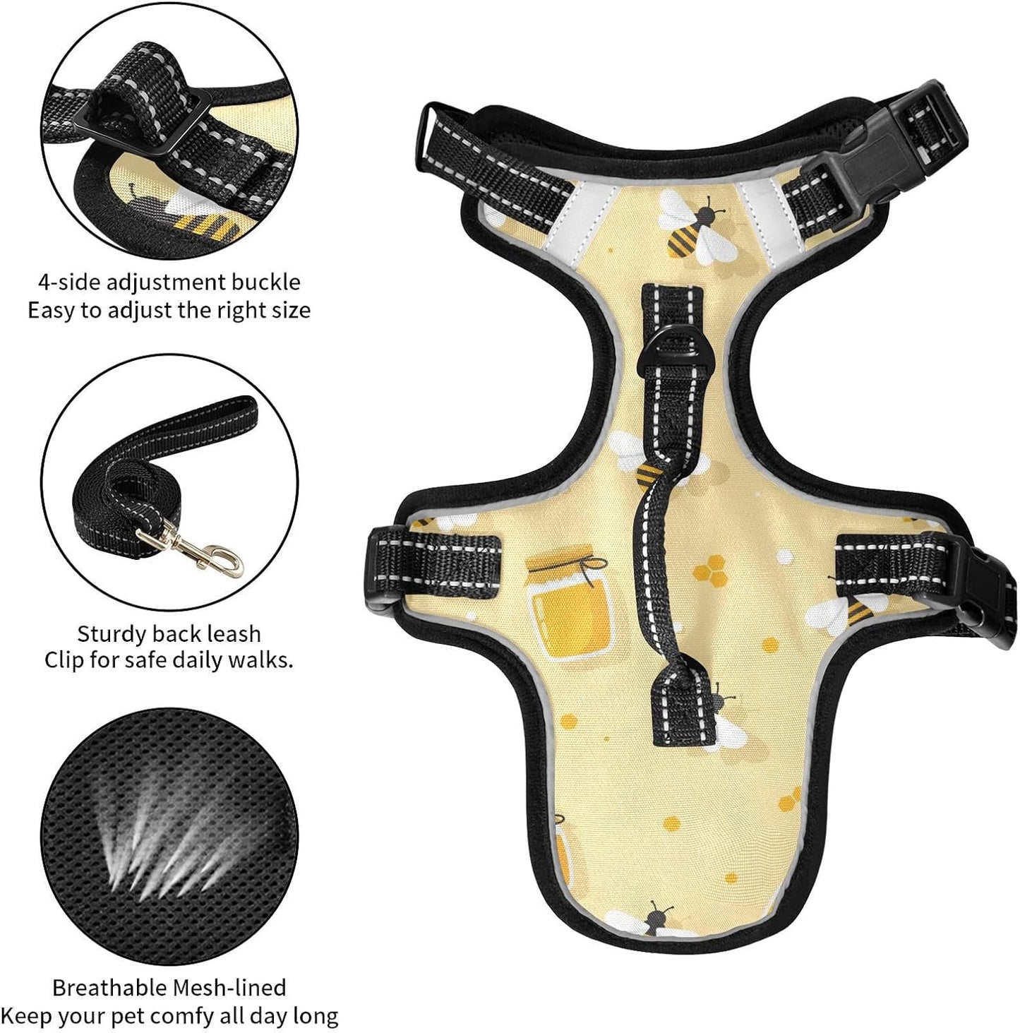 Honeycomb Bees Yellow Print Dog Harness No Pull, Reflective Pet Vest with Top Handle and Metal D-Rin, Adjustable Halter Breathable Mesh for Daily Walking and Training